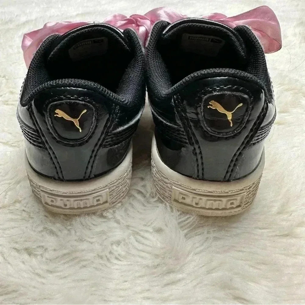 Puma Basket Heart Patent Black Sneakers  Pink Laces Size 8 - Picture 10 of 16
